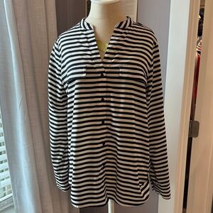 Calvin Klein Black and Cream Striped Long Sleeve Button Front Top